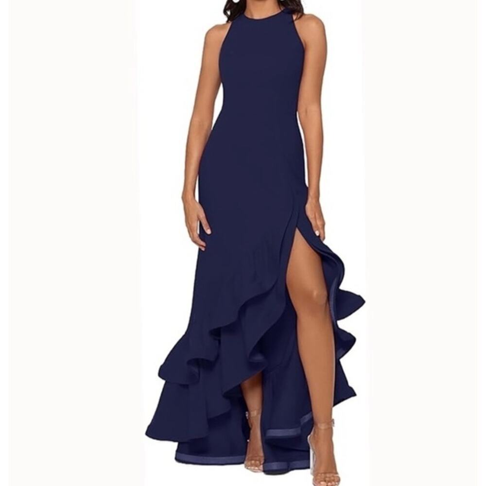 NWT Betsy & Adam Arielle Scuba Crepe Ruffle Dress Women's Blue Size 4